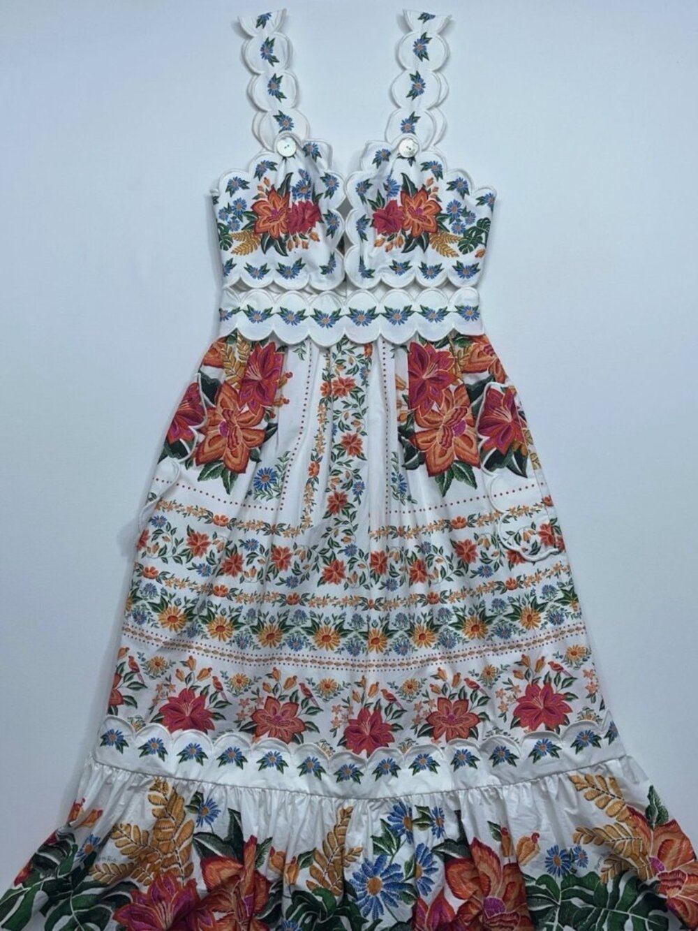 Farm Rio Sleeveless Scallop Trim Midi Dress Women XXS White Floral Anthropologie